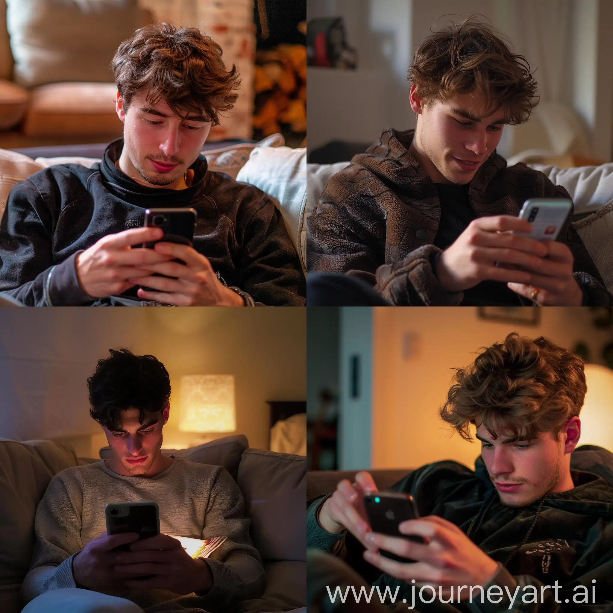 phone photo of a beautiful and charismatic young man, europeen type, reading something suprising, amazing, positively shocking on his iphone, on a sofa, with a small smile because he saw that he was being photographed, subdued ambience in the room.