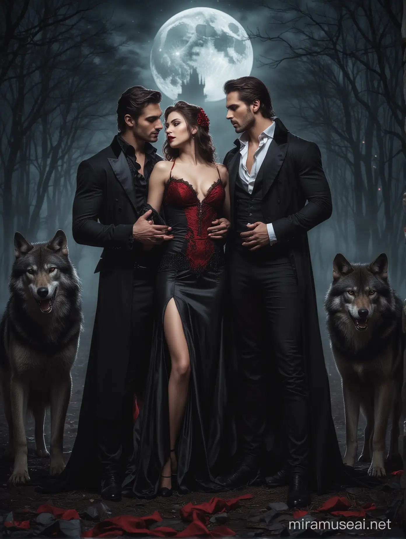 Romantic Men and Lady with Wolves and Vampires in Moonlight