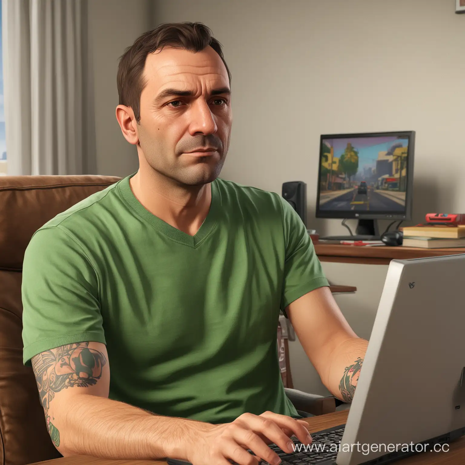 сорокалетний мужик сидит за компьютером и играет в GTA 5