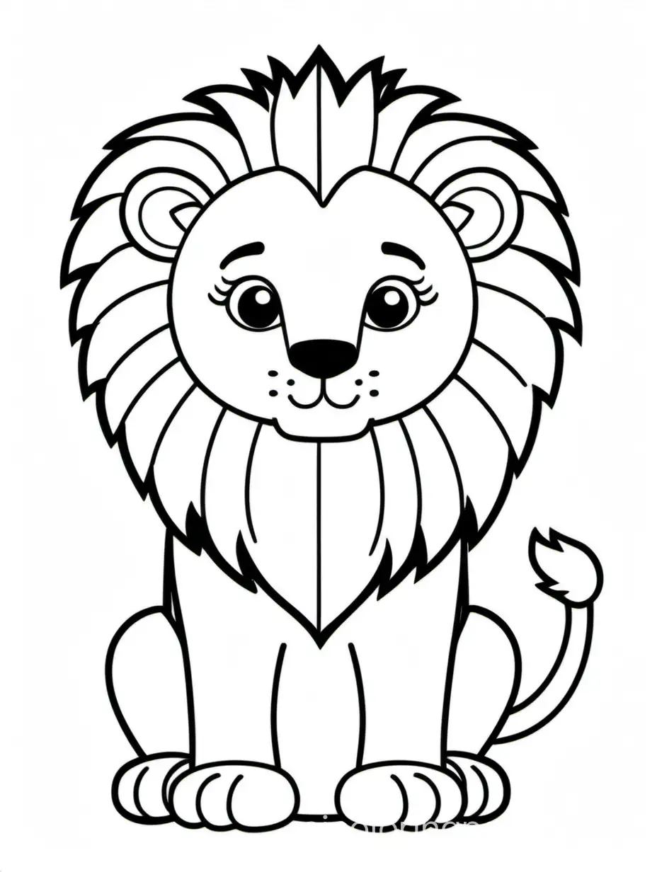 Cute lion, Coloring Page, black and white, line art, white background, Simplicity, Ample White Space. The background of the coloring page is plain white to make it easy for young children to color within the lines. The outlines of all the subjects are easy to distinguish, making it simple for kids to color without too much difficulty