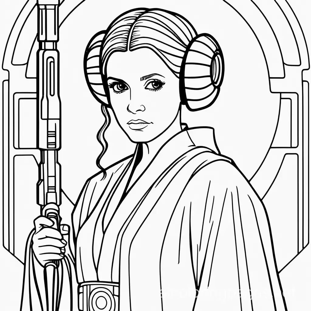 star wars leia jedi, Coloring Page, black and white, line art, white background, Simplicity, Ample White Space. The background of the coloring page is plain white to make it easy for young children to color within the lines. The outlines of all the subjects are easy to distinguish, making it simple for kids to color without too much difficulty