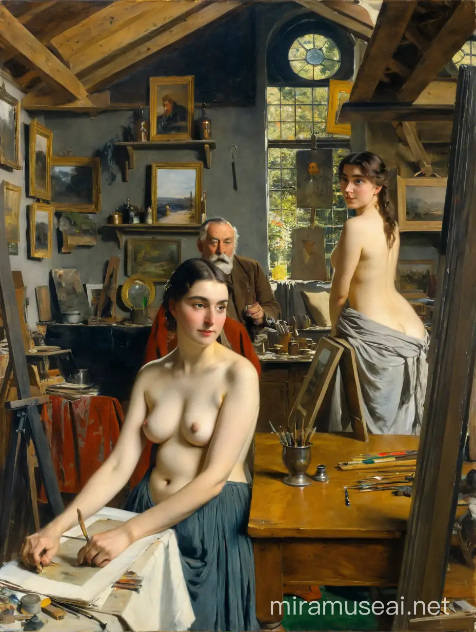 Old Artist Mentoring Young Woman in Art Studio