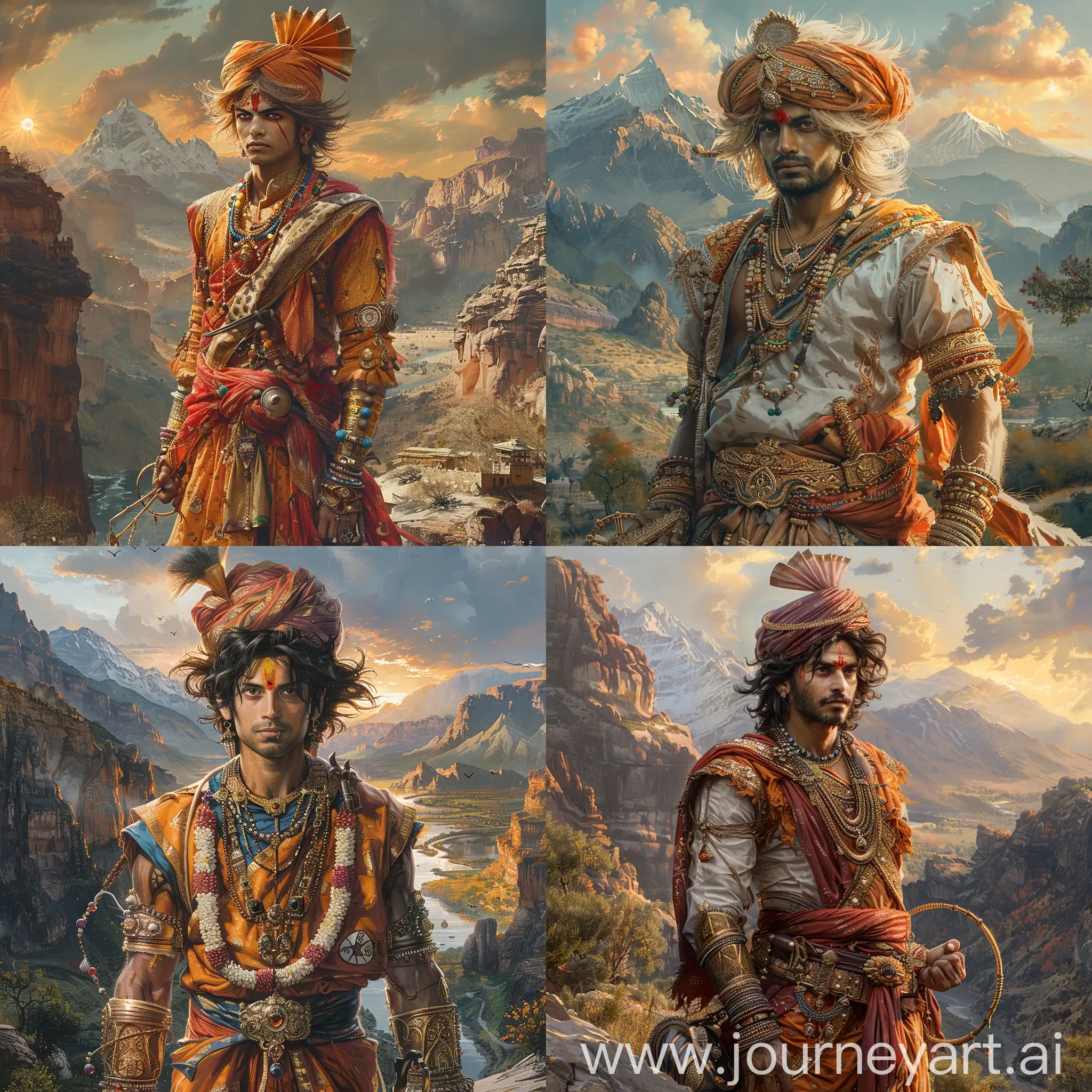 Goku reimagined as a classical Indian warrior, intricate Rajasthani armor, with a royal turban, holding a chakram, majestic mountains of the Himalayas in the background, evening sun casting a warm glow, portrait, ultra-detailed, traditional miniature painting style --ar 1:1 --s 650 --v 6