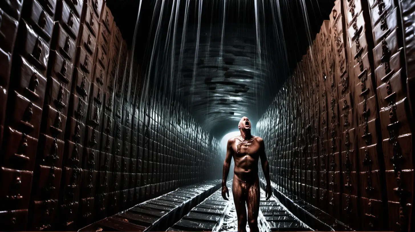 Really high ceiling, a scared bald man covered in goo, shirtless, walking in dark wide tunnel thousands of feet tall, numbered coffins stacked vertical thousands of feet as walls, REALLY high ceilings, dim light, striking, many coffins stacked vertically