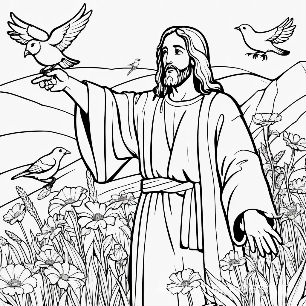 jesus pointing to birds and wildflowers. simple outlines and plain background, Coloring Page, black and white, line art, white background, Simplicity, Ample White Space. The background of the coloring page is plain white to make it easy for young children to color within the lines. The outlines of all the subjects are easy to distinguish, making it simple for kids to color without too much difficulty
