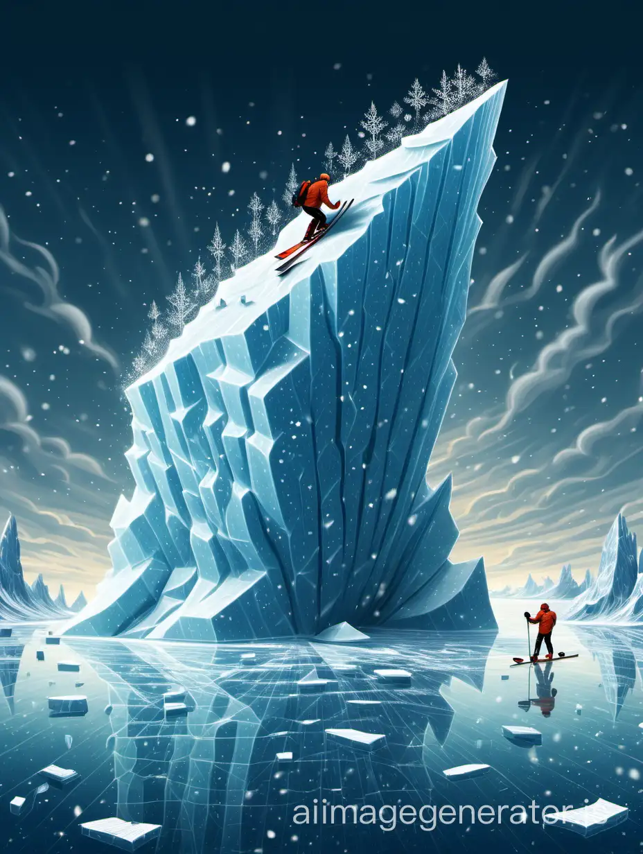 On a vast sea, there floats an iceberg, and someone is skiing on the iceberg, skiing out from among the snowflakes.