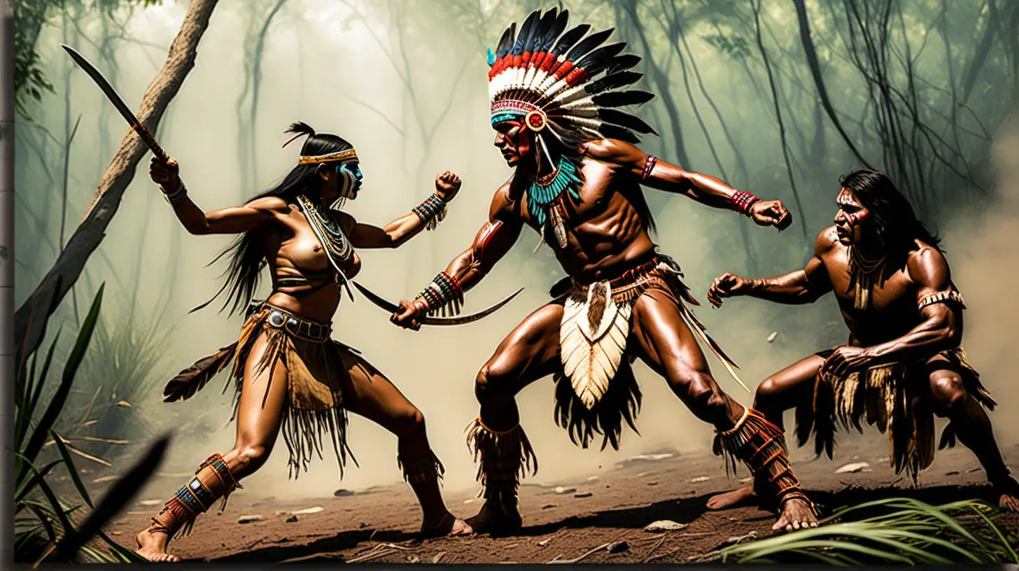 une guerriere amazone et indien commanche combattent un prédateur , format A4 paysage