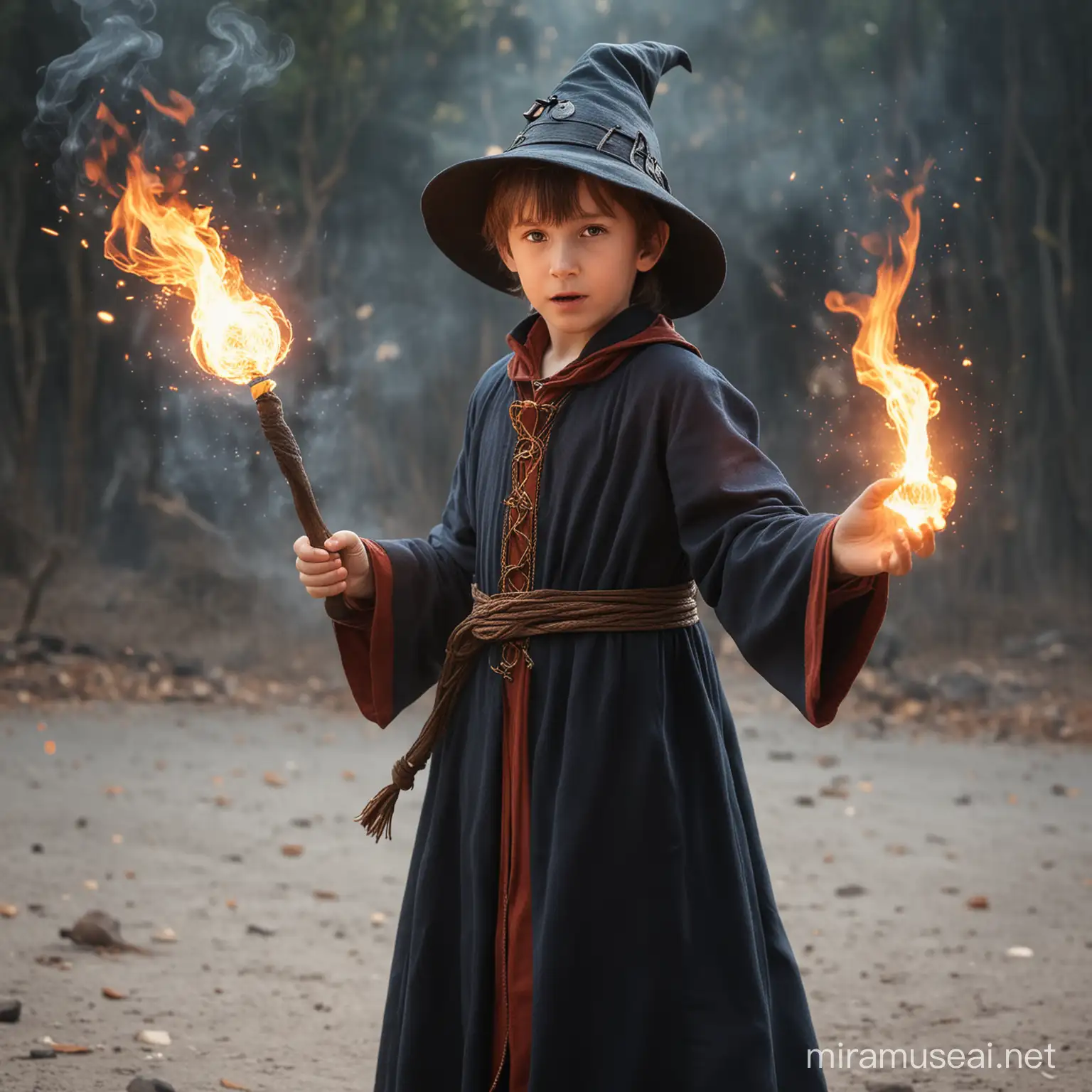 A young cute wizard using fire powers coming from his hands.