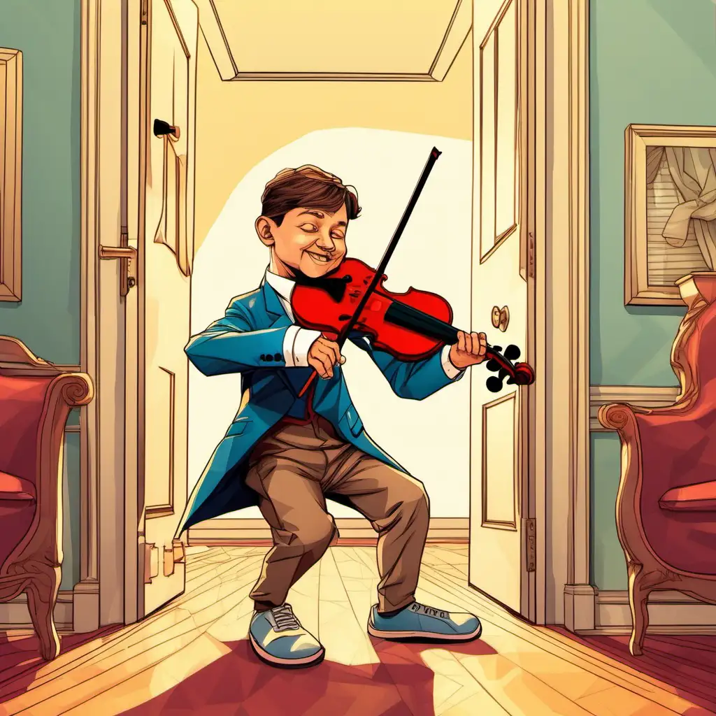 polygon shapes young happy maestro plays violin  a melody of farts In a living room next to a closed  door name on it wc