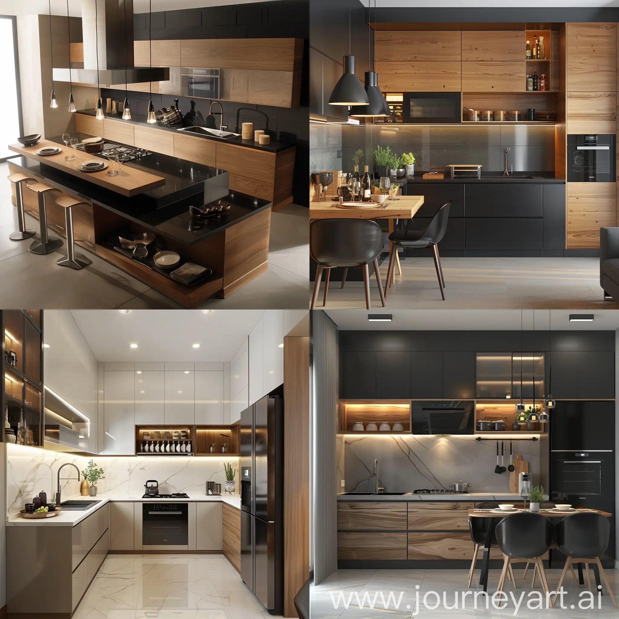 luxury modern kitchen with full set interior unique classy and subtle and little wood element elegant small in size 

