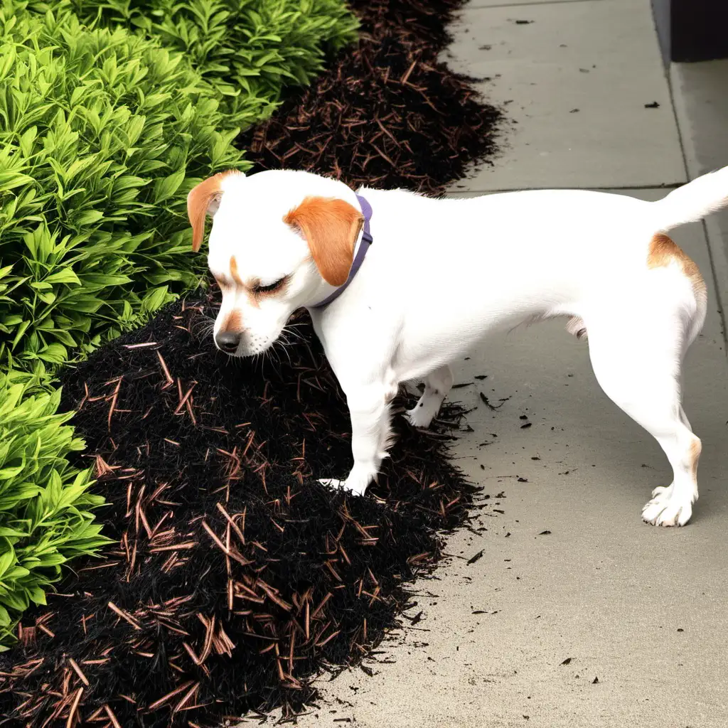 small dog sniffing mulch around bush