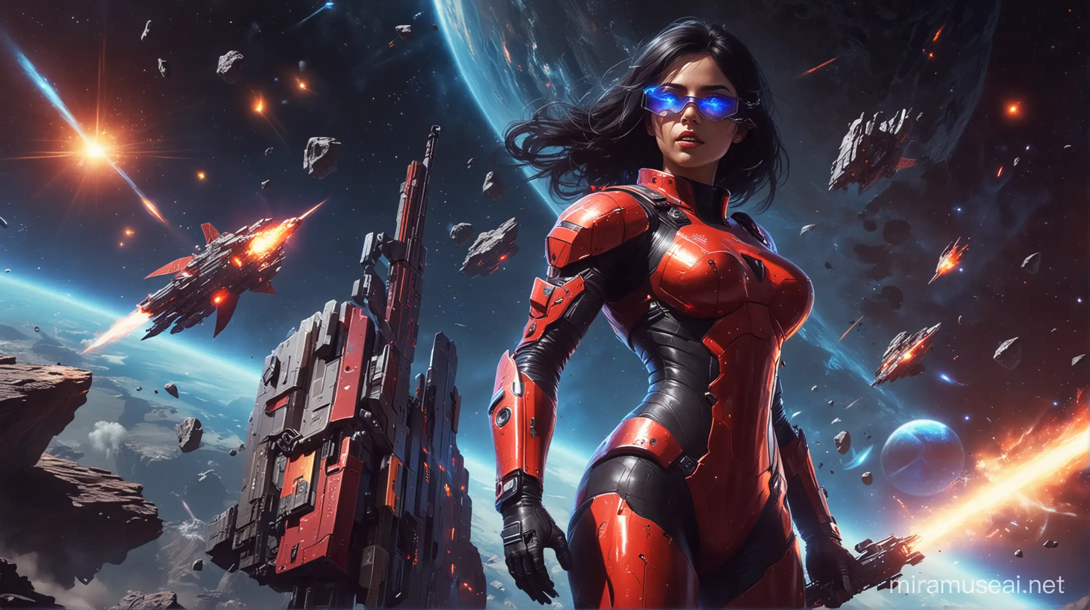 Futuristic Space Knightess in Red Suit with Glowing Blue Accents