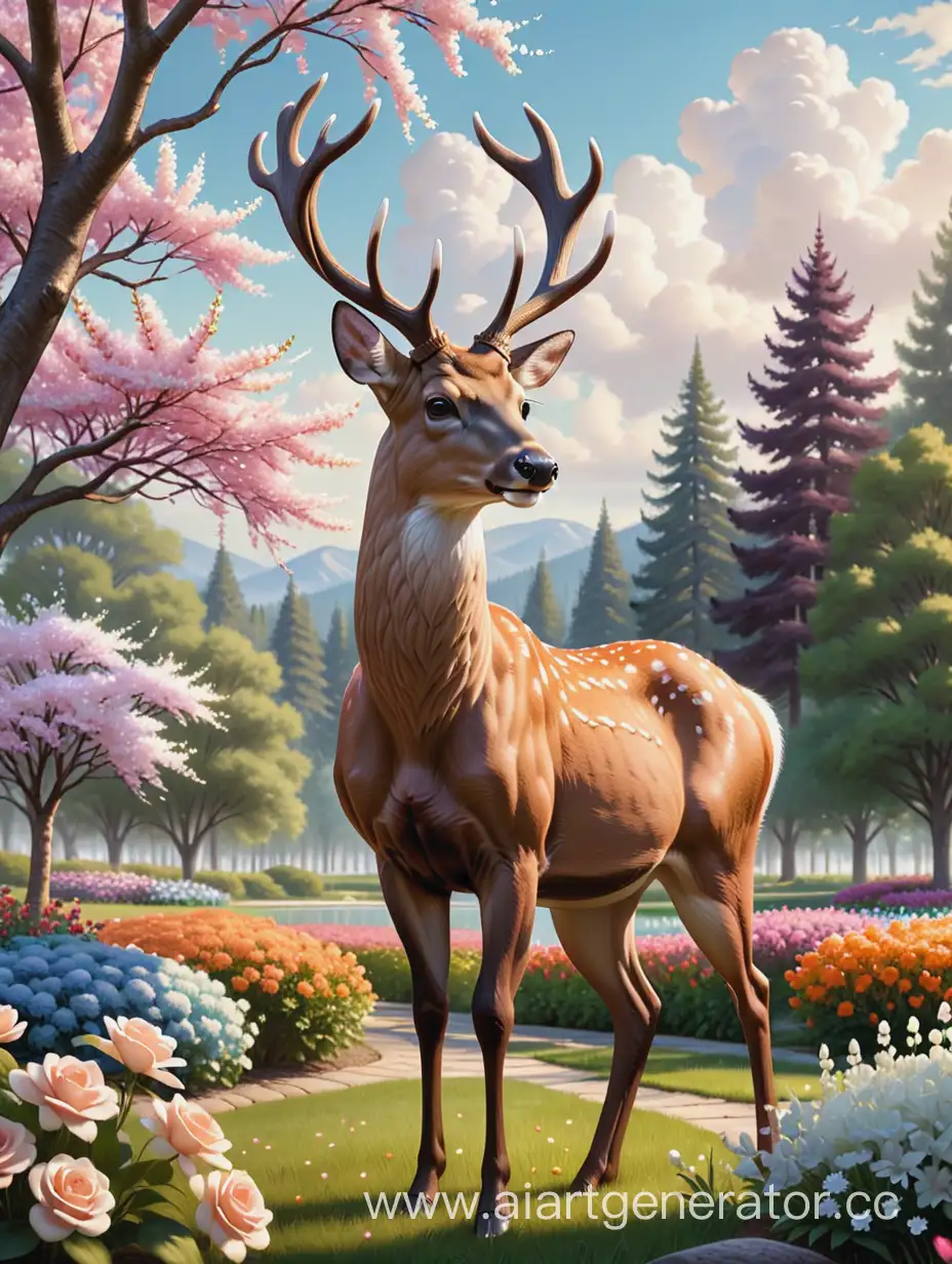 A deer stands amidst a blooming flower bed, intricately detailed and lifelike, with trees and clouds in the background. The soft, natural light radiates a sense of serenity and elegance. The fur and antlers of the deer stand out with exquisite detail, showcasing the highest quality imagery. Deer, flowers, natural light, high resolution, detail, elegance, nature.