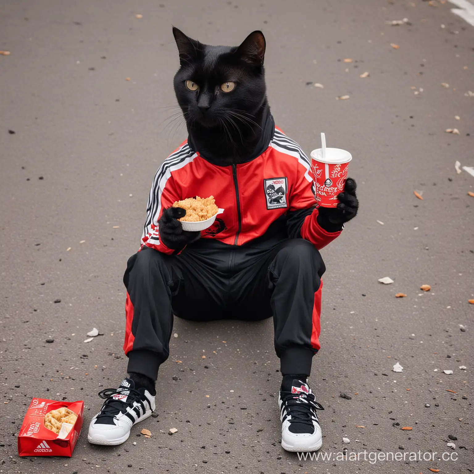 Черная кошка в спортивке адидас ест KFC