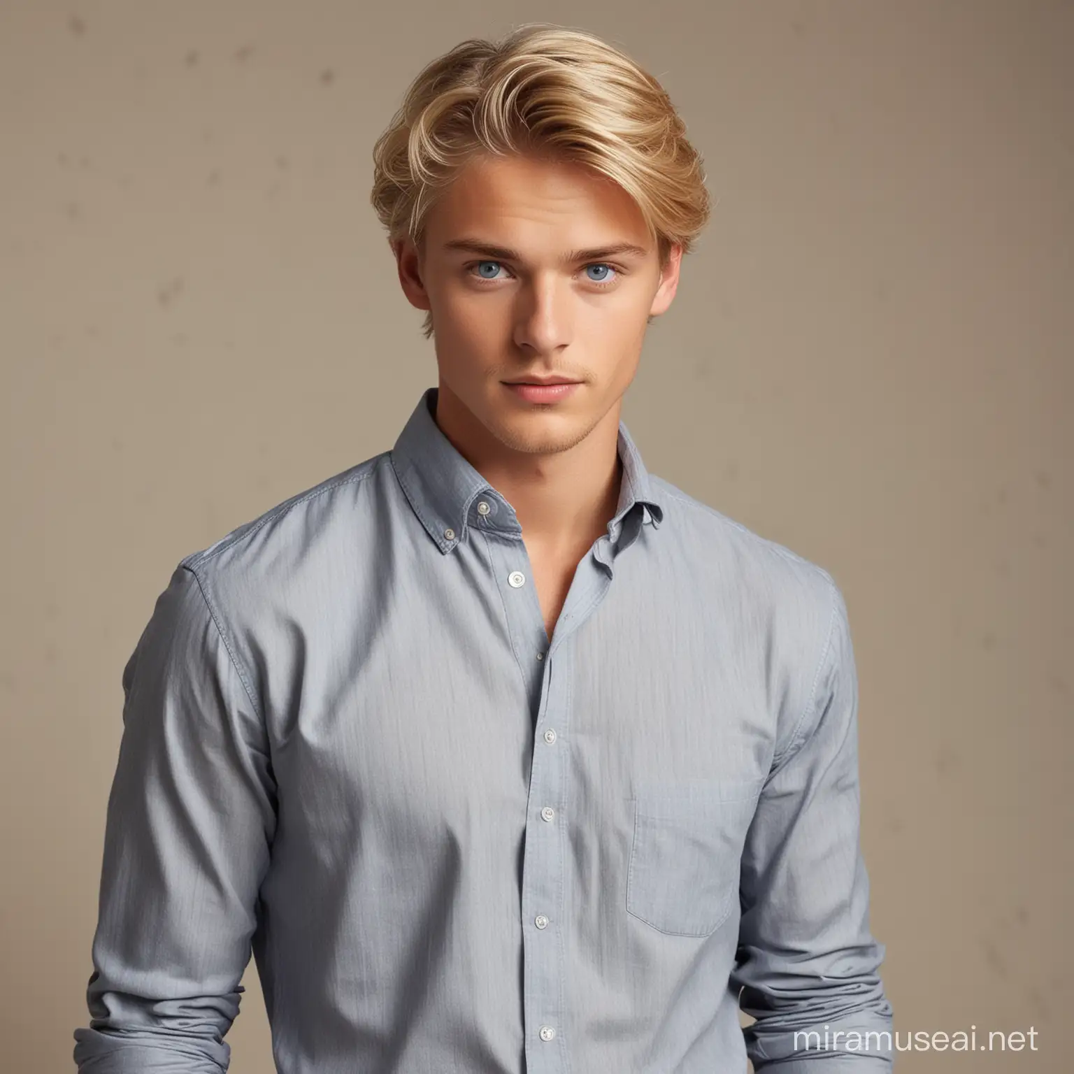 25 years old blond hair and blue eyes so handsome boy wearing a long sleeve shirt with a trouser.