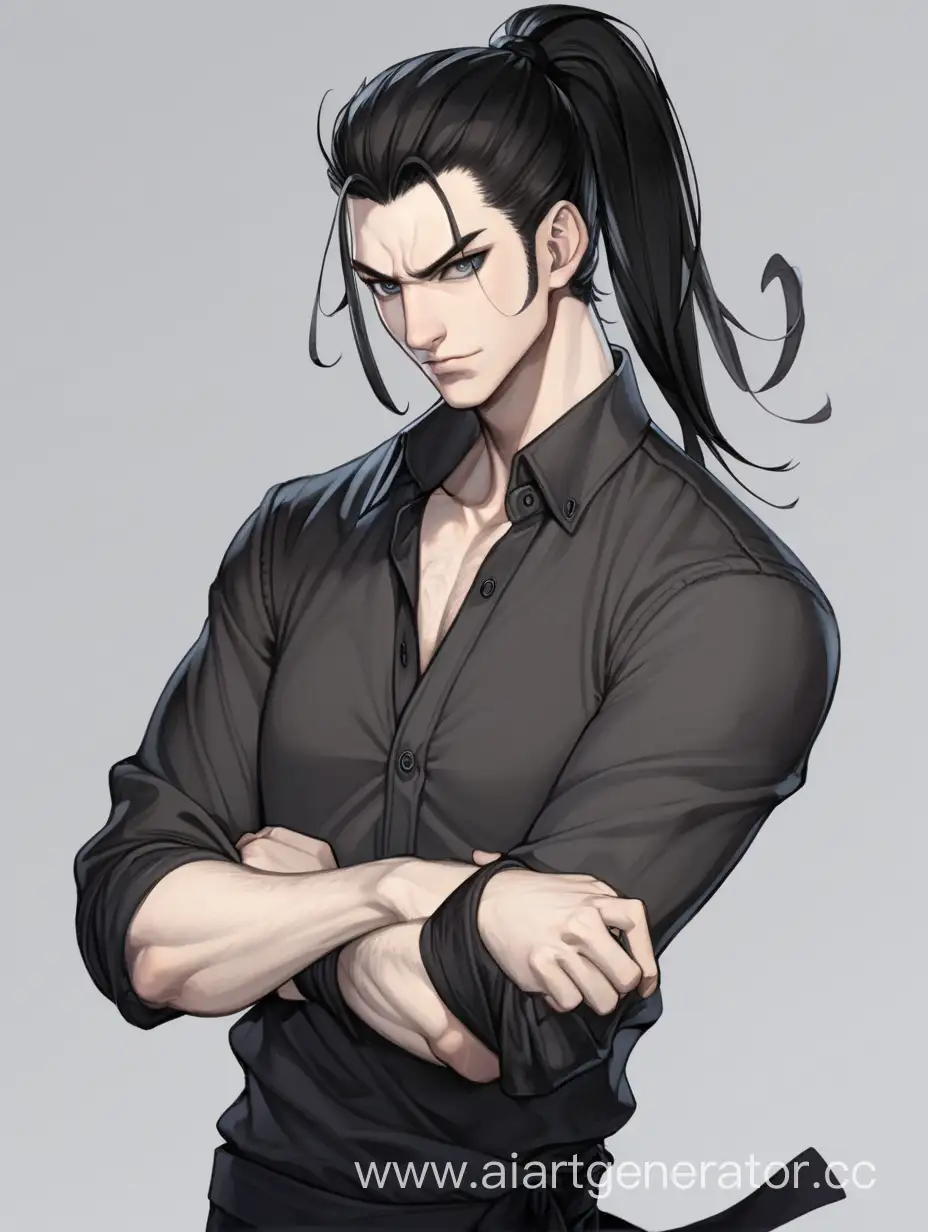 male, slightly disheveled black hair tied in a ponytail, light gray eyes, smirk, pale skin, fighting stance, dark clothes