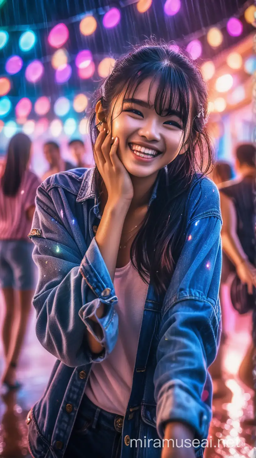 pretty asia  woman dancing in the rain at outdoor nightclub laughing joyfully, open air club here is full of people dancing around her, amid colorful lights and bokeh effects, photo realistic, cinematic, movie still, summer vibes, captured in the style of Sony Alpha A7 III camera --ar 2:3 --s 500 --v 6, 0, perfect finger perfect eye