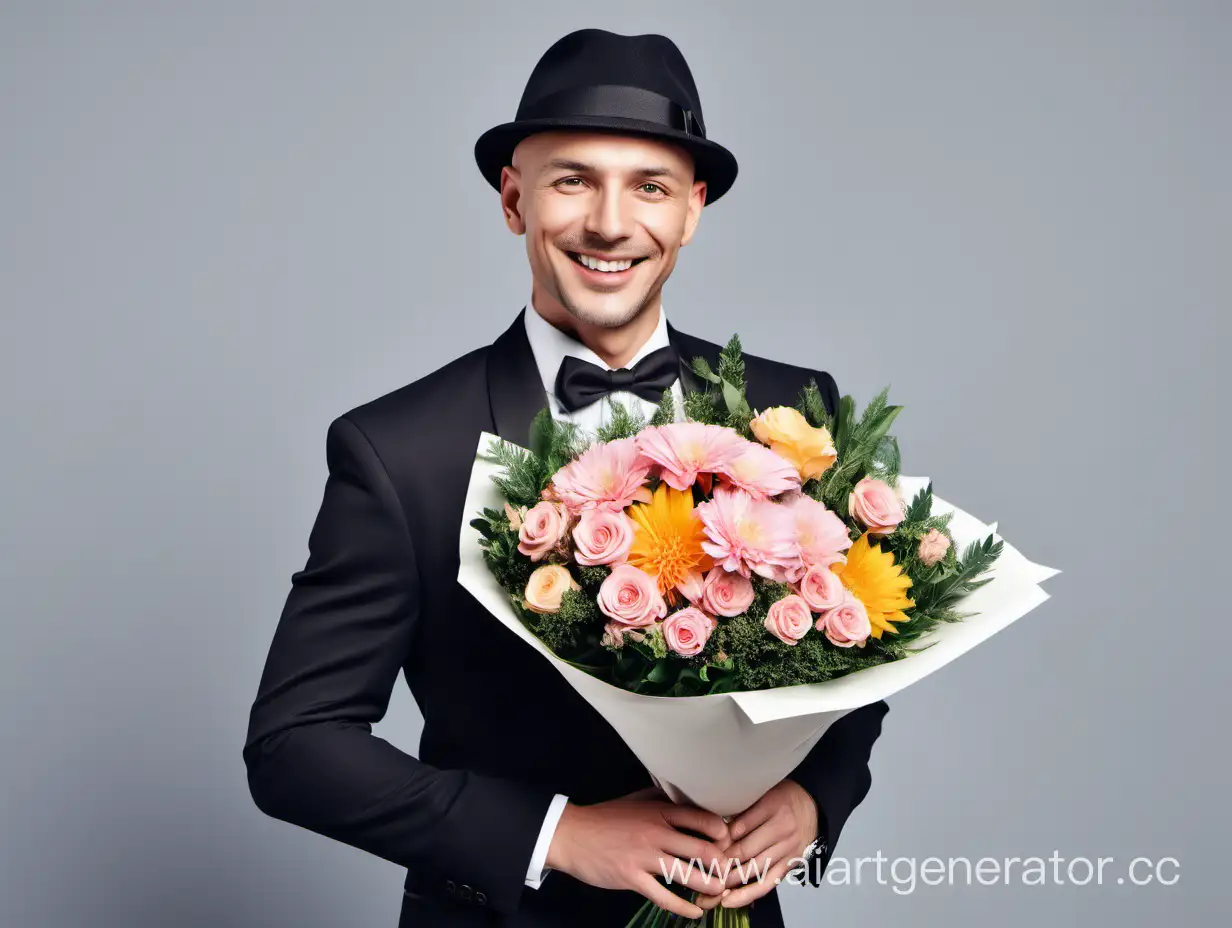 Спортивный, симпатичный, лысый парень в стильной шляпе, смокинге и большим букетом цветов в руках. Улыбается. 