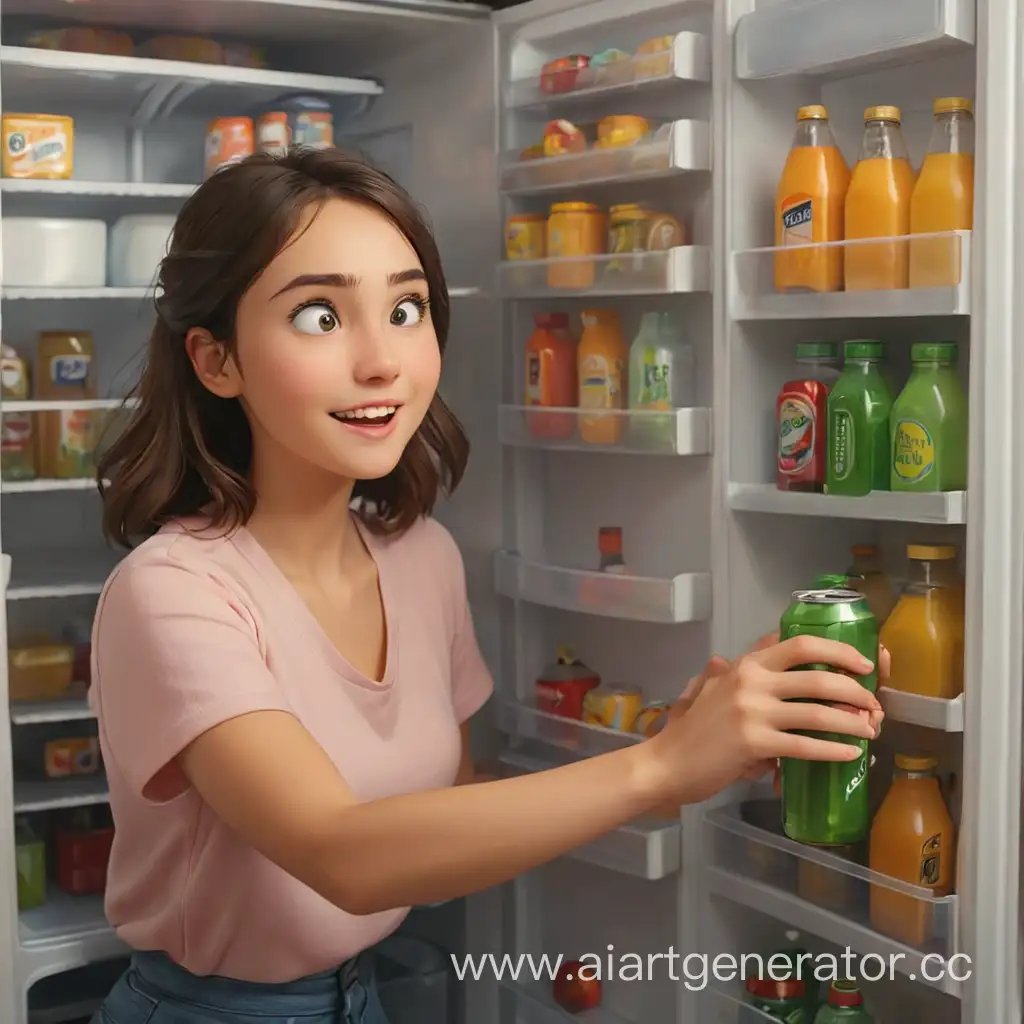  девушка открывает холодильник с напитками