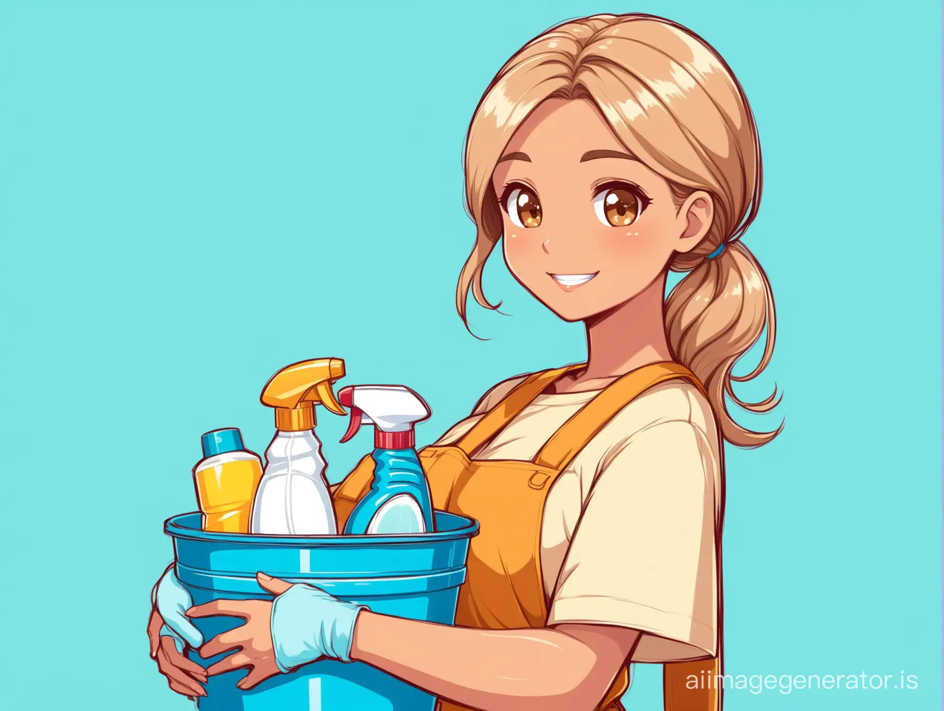 Woman cleaner holding a bucket with cleaning products inside cartoon long light brown hair and light tanned skin with a light blue background