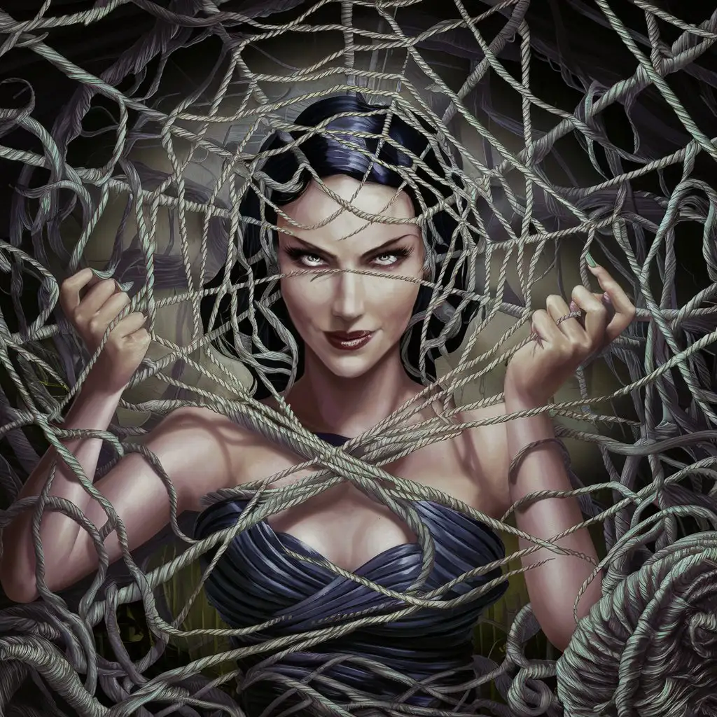 A digital painting of a beautiful woman weaving a web of lies and deception, with tangled threads symbolizing the consequences of dishonesty. The image should illustrate the dangers of deceit and dishonesty, emphasizing the importance of honesty and integrity in all aspects of life.