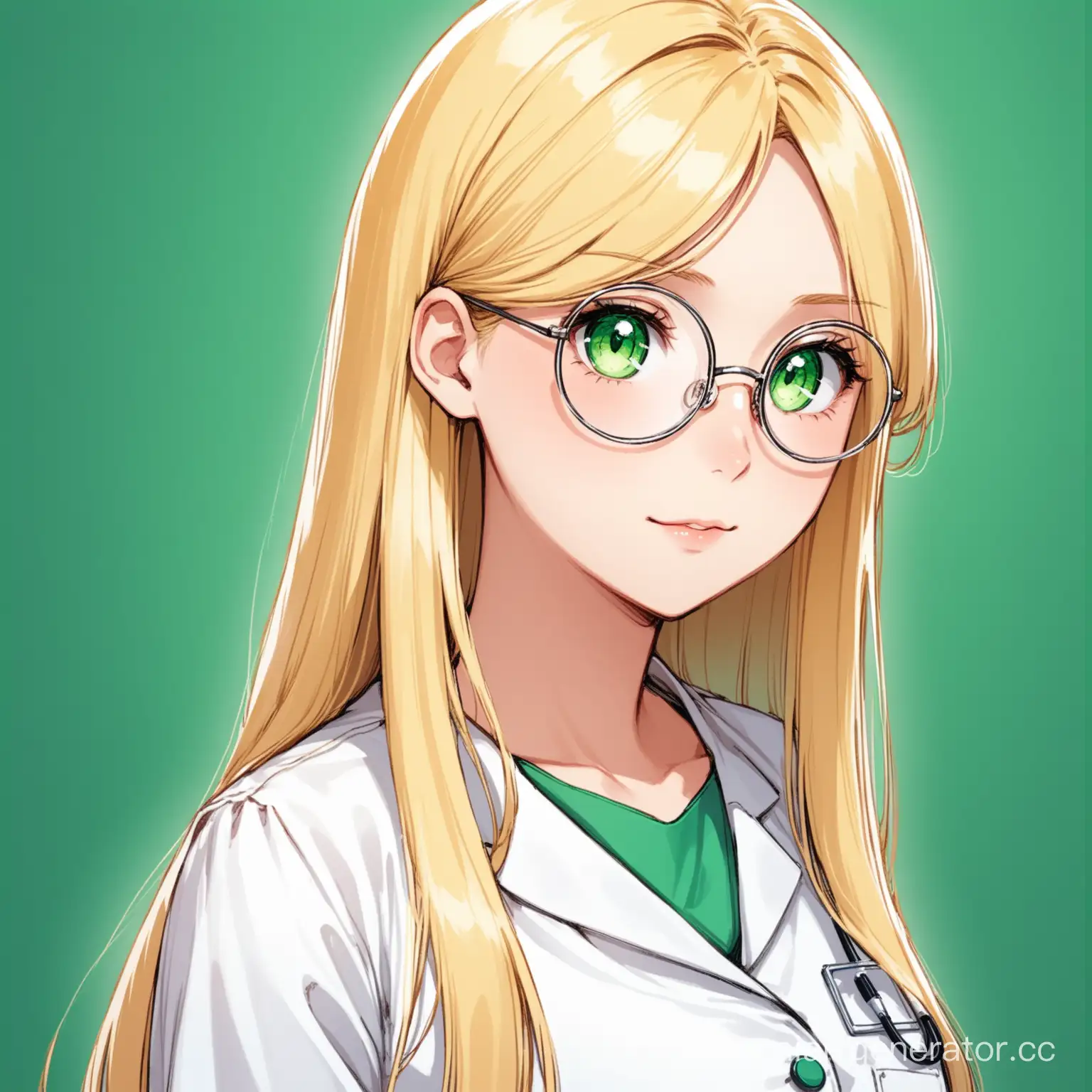 A girl, long straight blonde hair and big green eyes, She is wearing a medical dress and round glasses