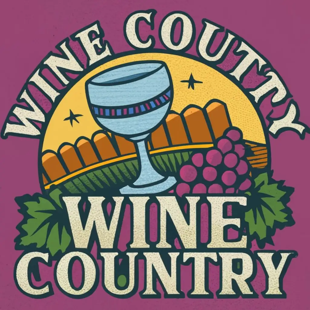 Design a future-retro aesthetic emblem for "Wine Country Warehouse." Incorporate a royal chalice, wine glass, and grape field in vector art. Emphasize a vintage vibe with stylish typography. Create a versatile insignia suitable for retail use, reflecting elegance and the essence of wine country culture.