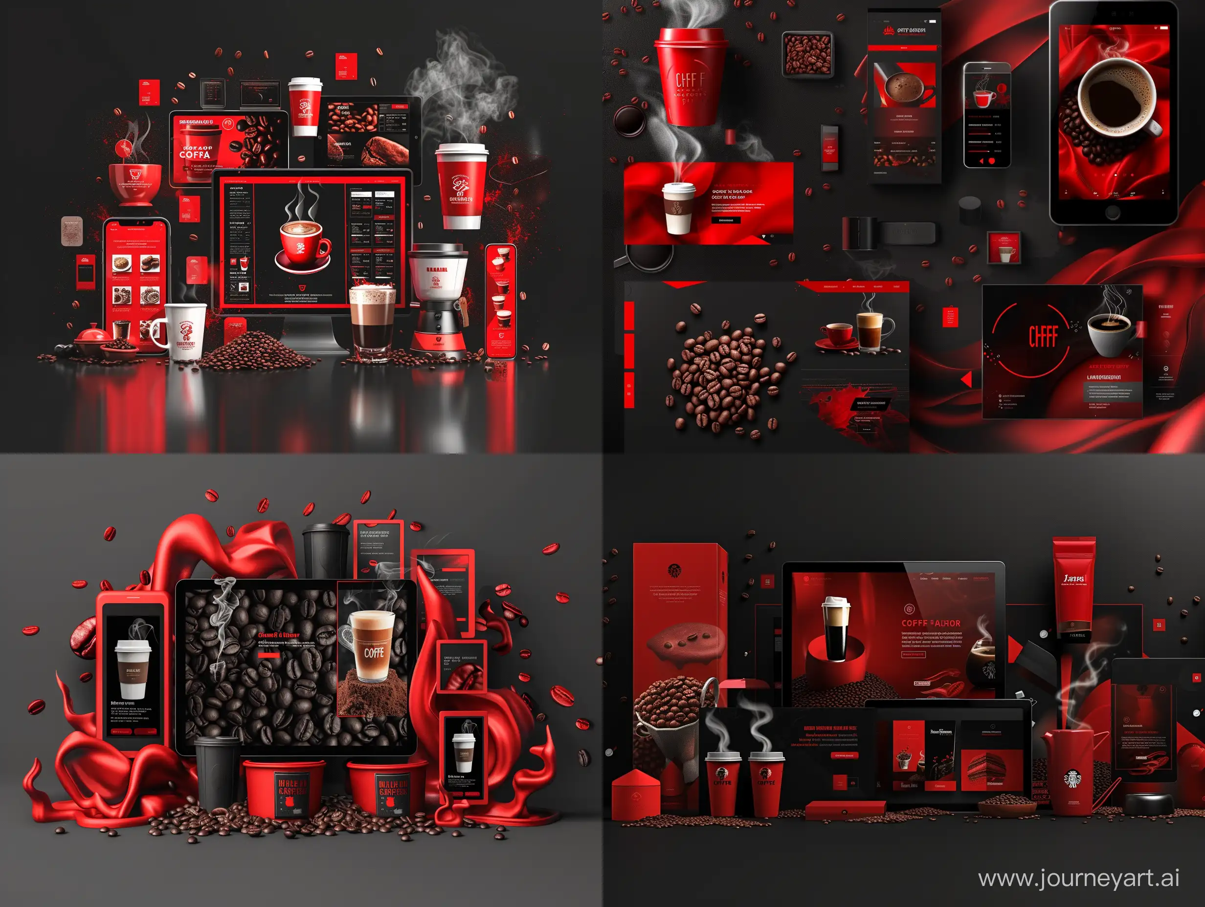 Create a realistic and striking design representing the digital advertisements of a coffee company. Utilize red and black colors along with modern digital advertising elements and coffee-related details to emphasize the brand's strength and appeal. Incorporate details such as coffee beans, steaming cups, digital advertising billboards or screens to form the basis of the advertisement. The design should exude a cool and modern feel while being realistic and attention-grabbing. Ensure to capture viewers' attention and effectively convey the brand's message by crafting an impressive and engaging composition visually.