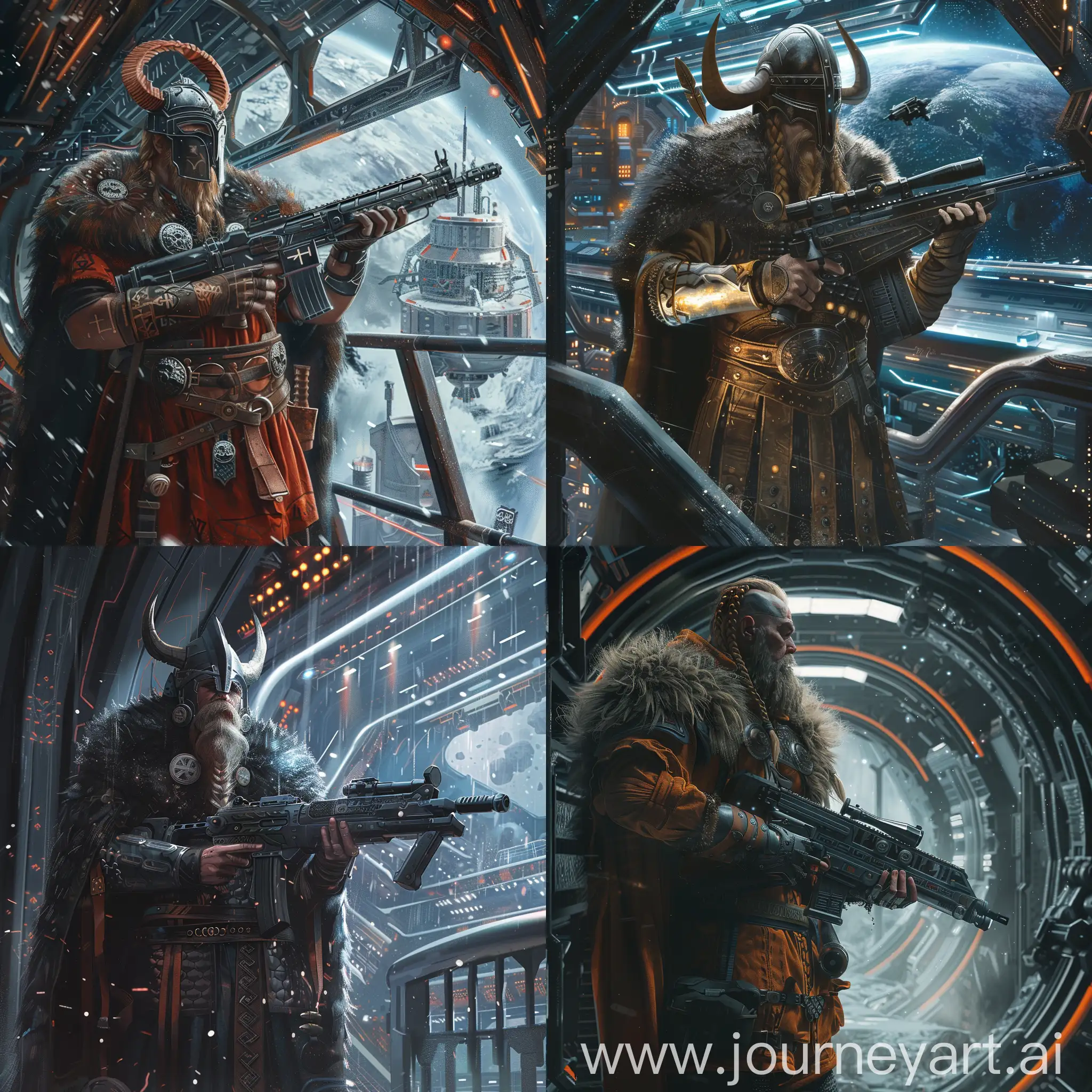 a viking warrior holding a sci-fi assult rifle in a spacesation