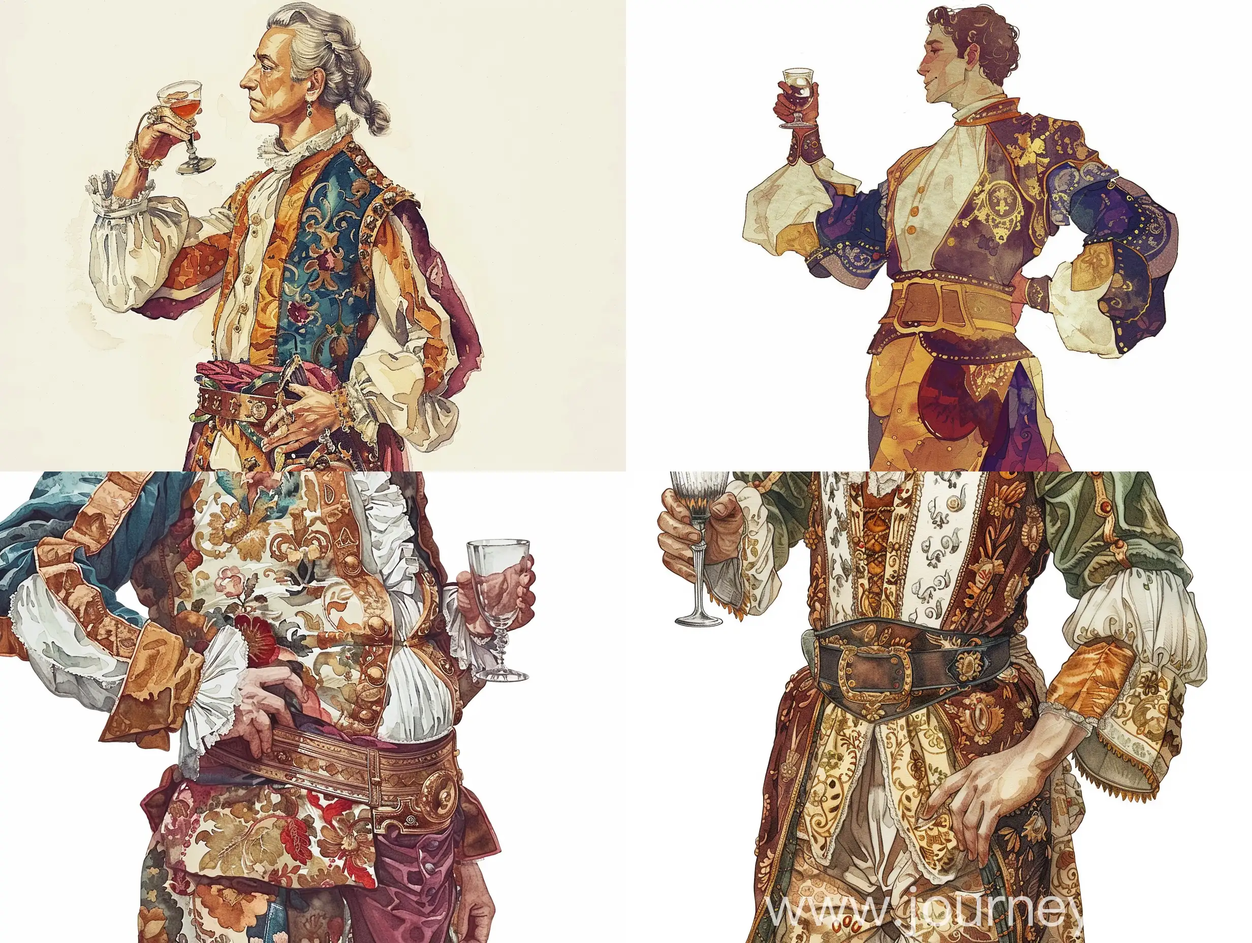 ornamental waist portrait of an ancient Austrian courtier, in profile, with a glass in his hand, the other hand on his belt, in very rich clothes, on a white background, watercolor style, detailed, decorative, flat illustration, Victor Ngai style