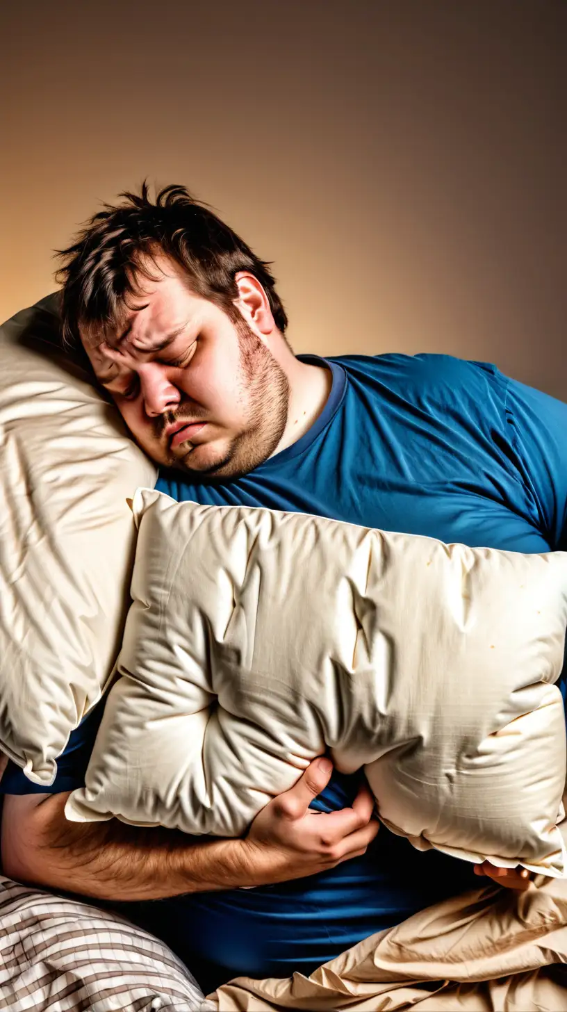 a Man sleepy tired very overweight holding pillow and looking at it drowsy and exhausted and sleepy, behind him are images with information about sleep problems and no text, simple background,dynamic lighting, dynamic colors, 9:16 ratio