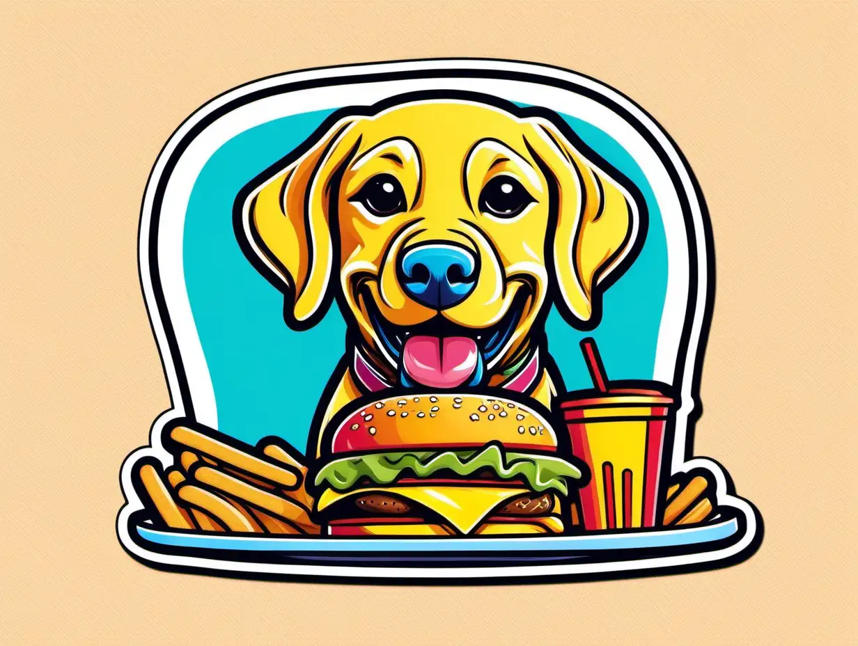 a cute labrador retriever dog cartoon character eating a cheeseburger with vibrant color, like a sticker, line art, white background in the style of roy lichtenstein