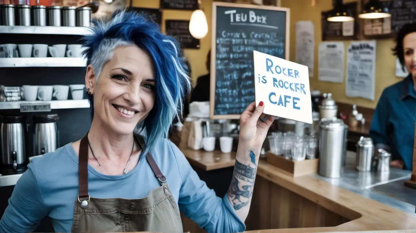 A rocker woman aged 48 with blue hair. She is standing at the counter of a busy cafe. She is holding a small sign in one hand. She has a slight smile.
