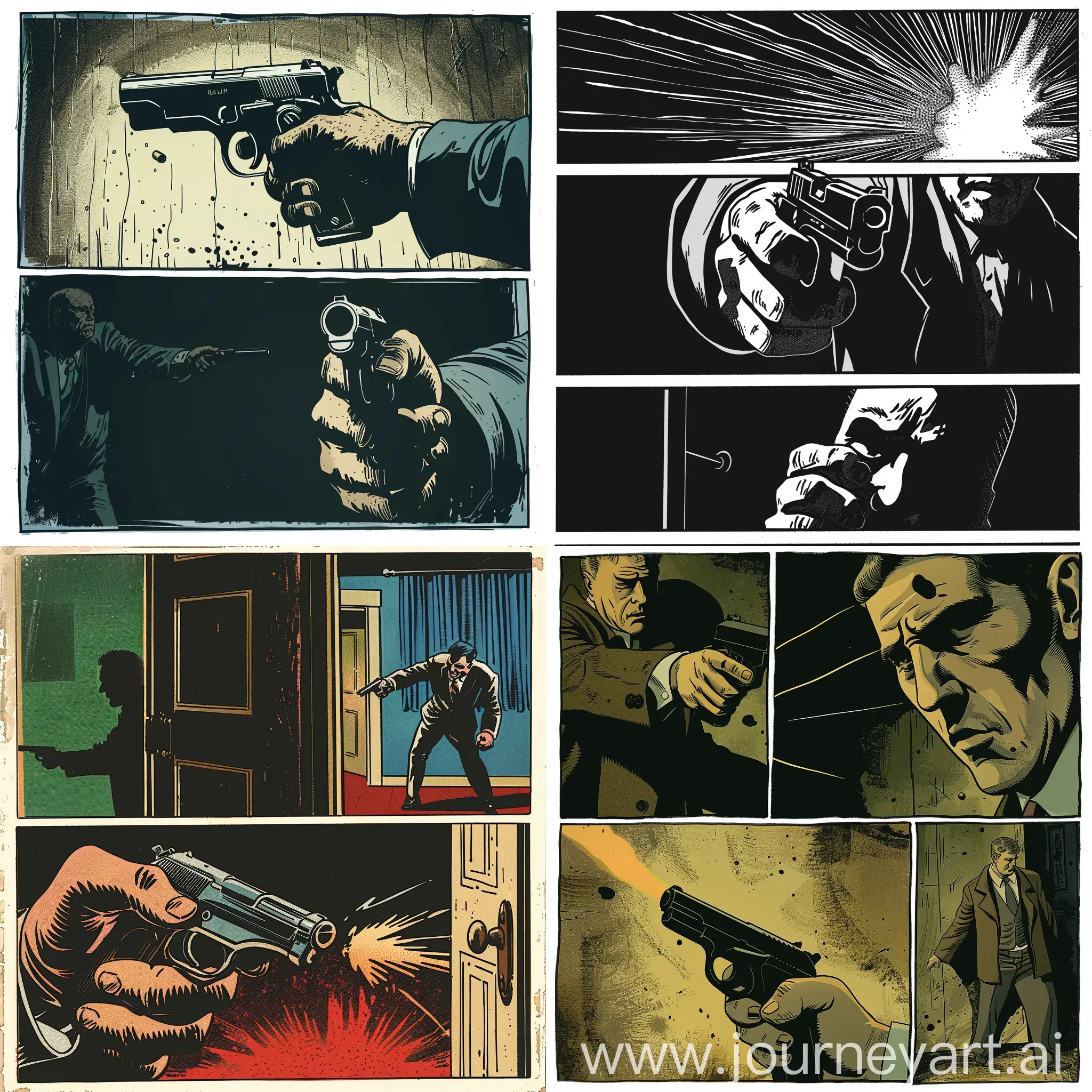 Killer drop the pistol and flee the scene comic strip retro