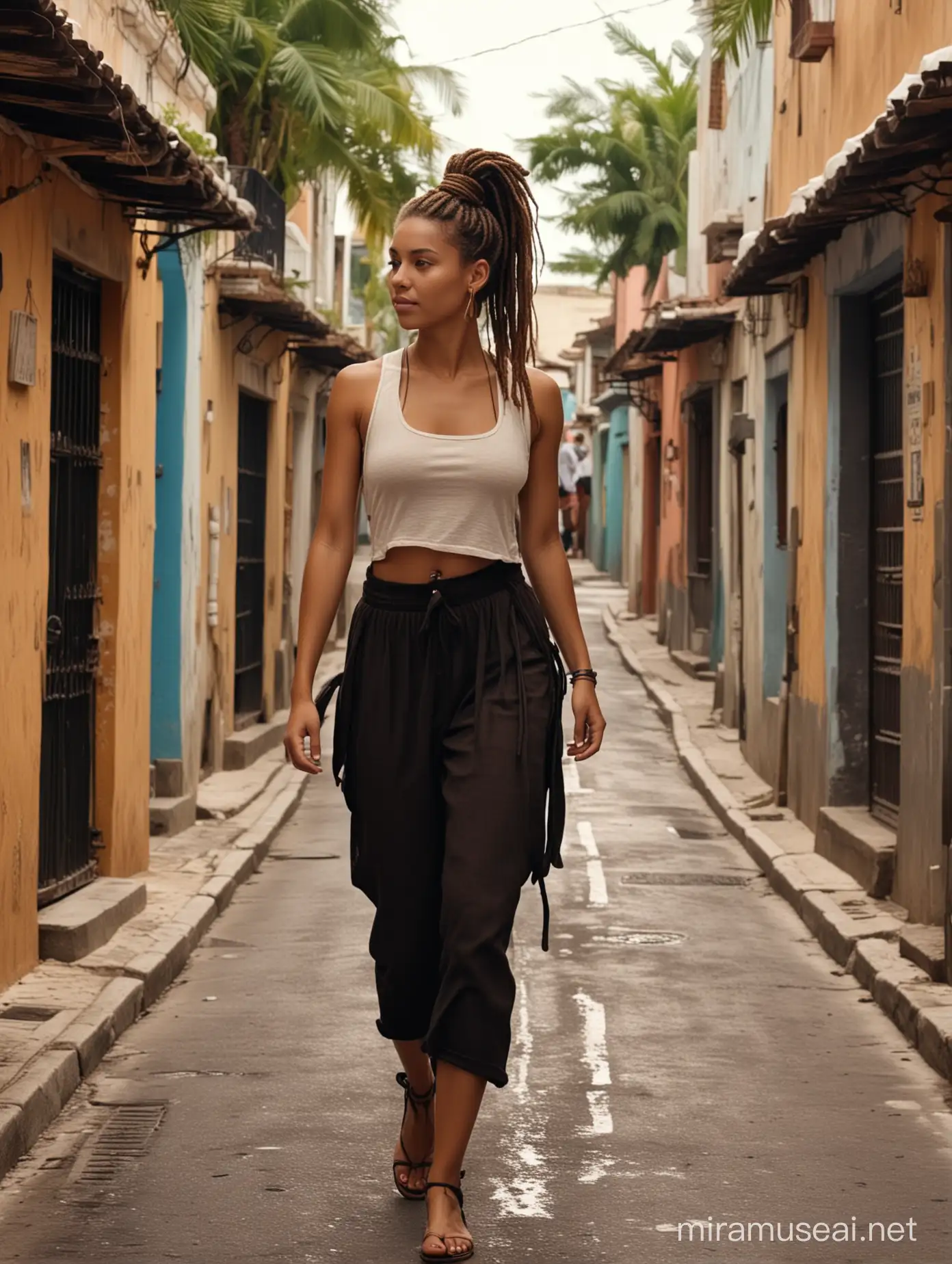 the carribean, woman with ponytail dreadlocks is walking in the beautiful carribean street,in the style of light brown and dark black, fashwave, mesoamerican influences, candid celebrity shots, uhd image, body extensions, natural beauty --ar 69:128 --s 750 --v 5. 2