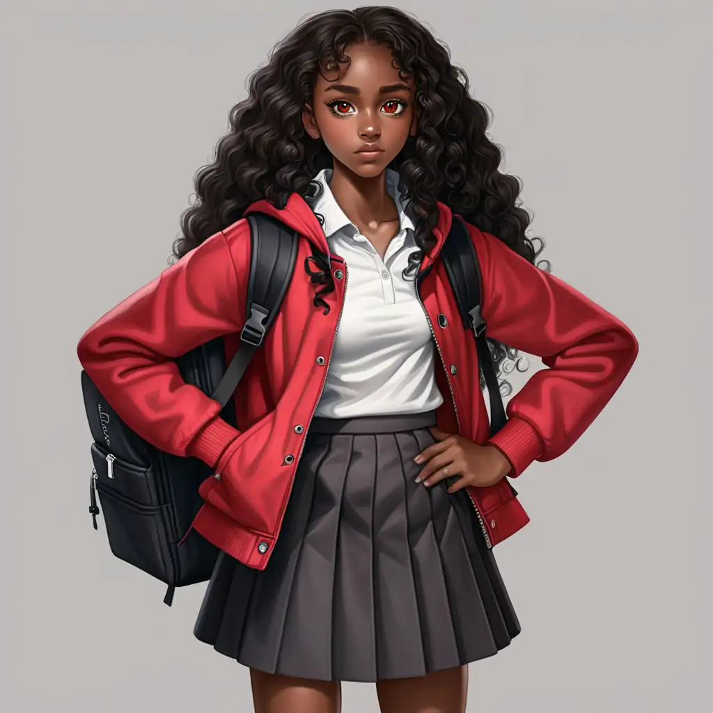 Dark skin black teenage school girl with big brown eyes long curly hair wearing skirt shirt and red jacket with black boots and black backpack show length of full body