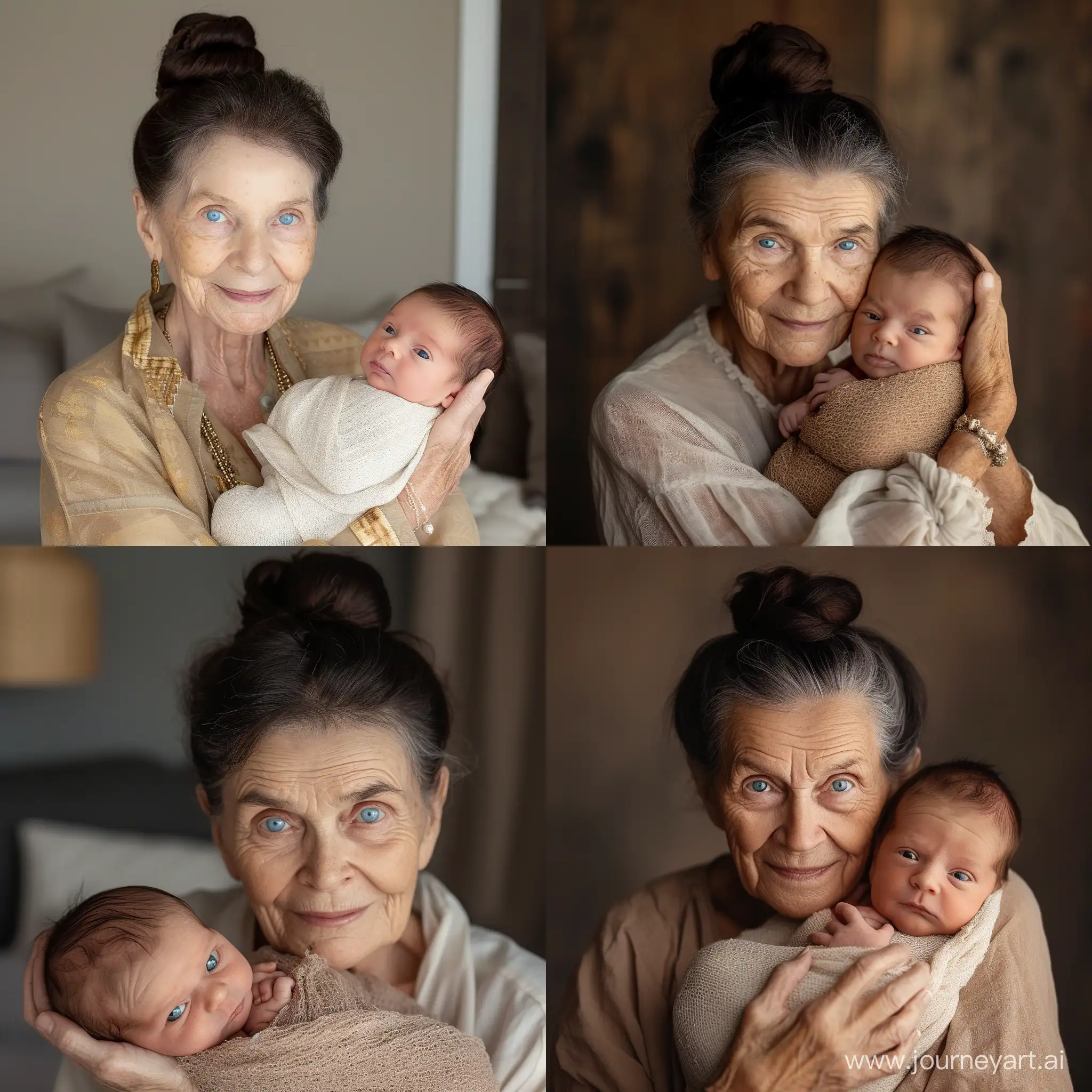 бабушка с голубыми глазами и темно-коричневыми волосами, заделанными в пучок, держит на руках новорожденную внучку