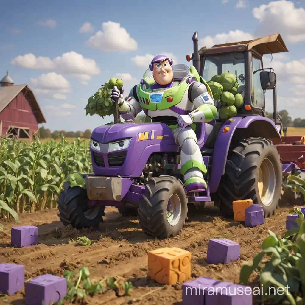 buzz lightyear on a farm sat on a tractor purple theme with blocks being harvested