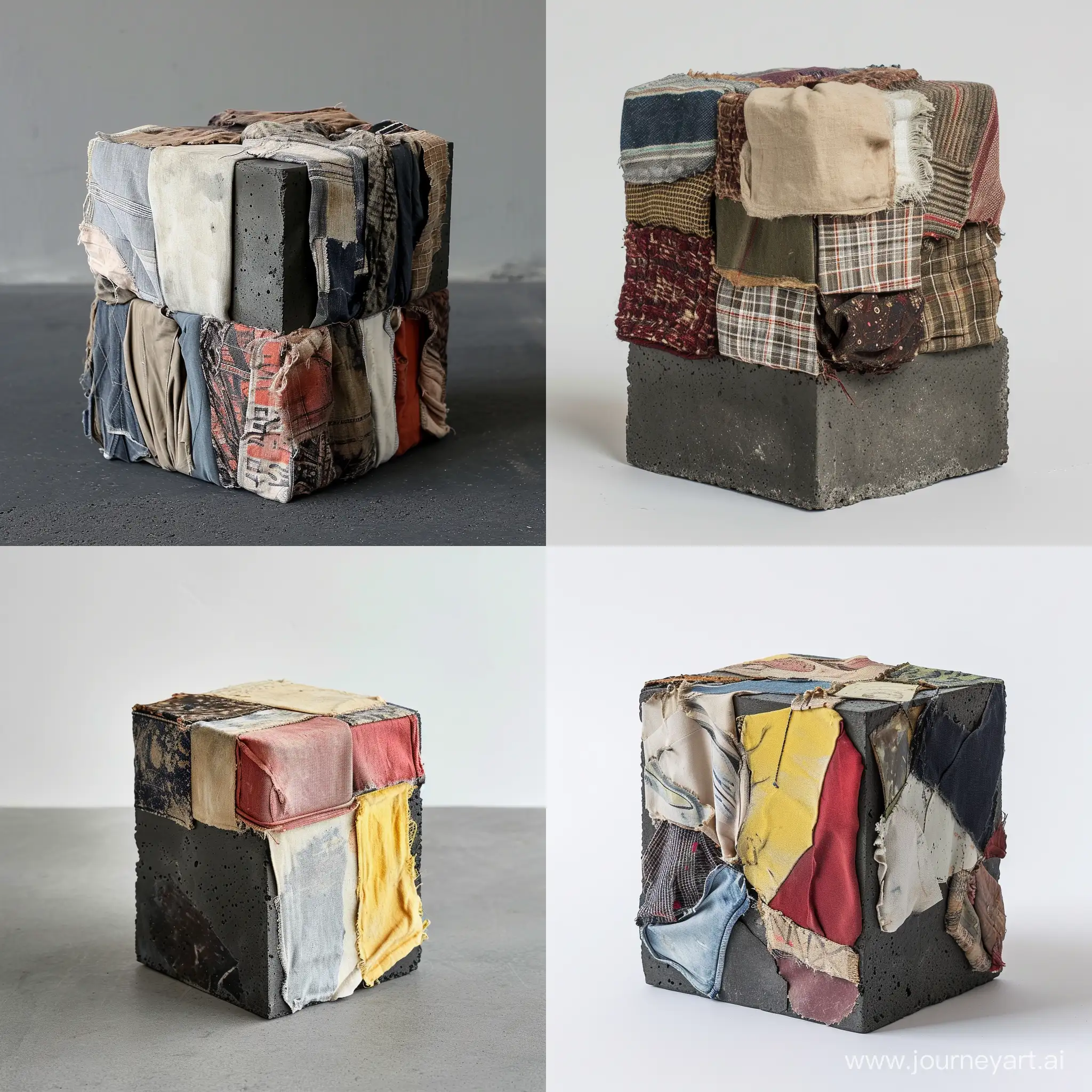 create on esingle block made out of clothes/textiles and dark concrete
