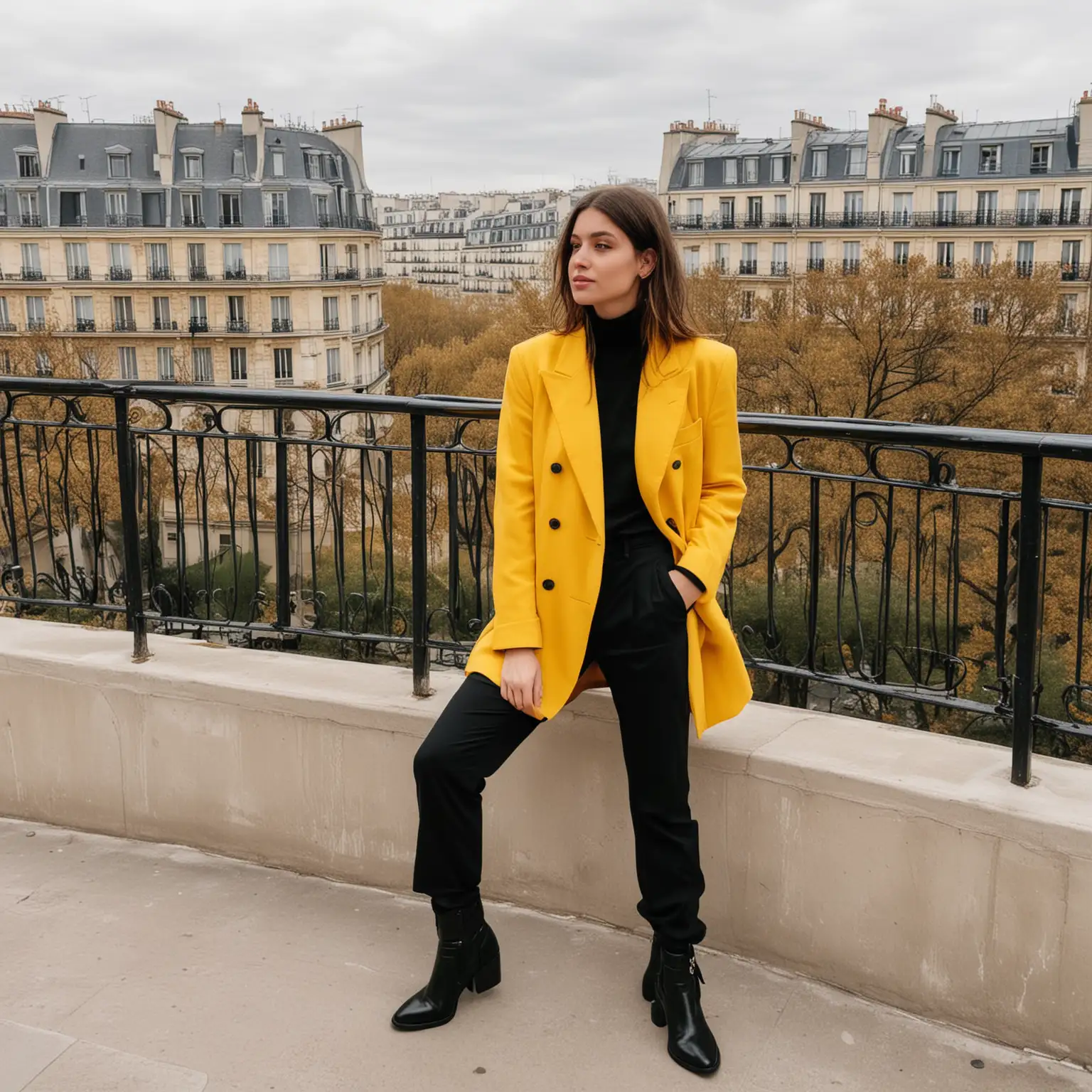 Stylish Woman in Yellow Oversize Blazer against Parisian Backdrop