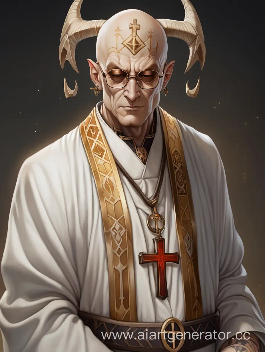 Demon, bald head, white and golden priest robe with cross, white patriarchal cockleon on head, glasses, rune tattoos, horns, older male character