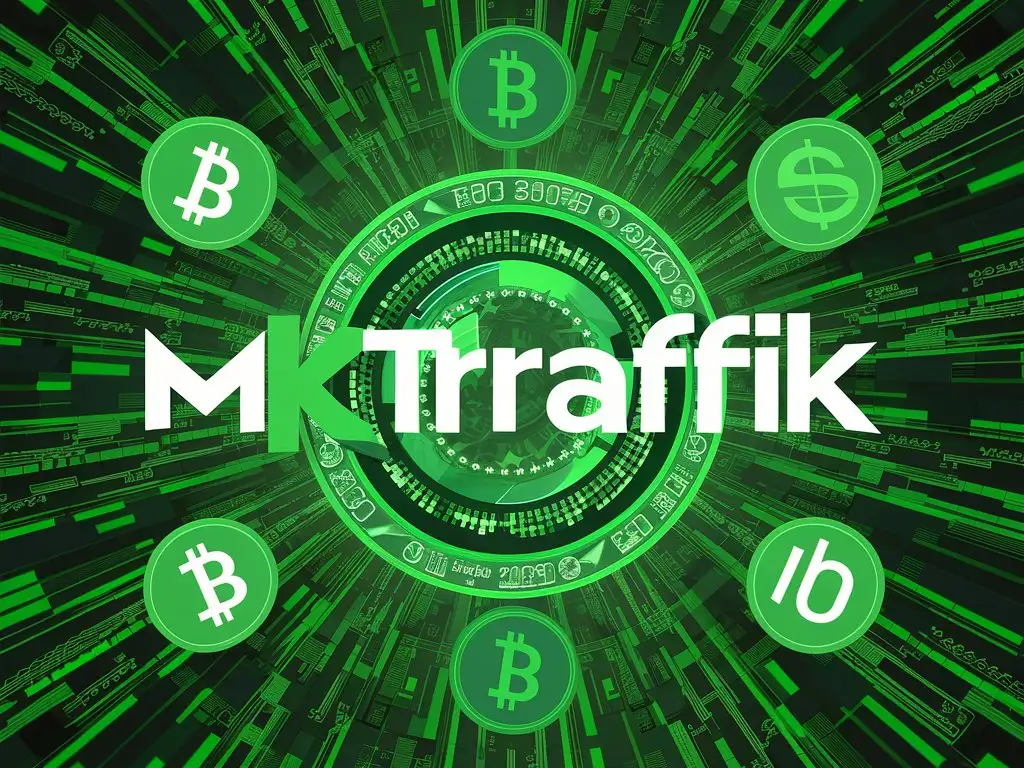 зеленый фон с несколькими биткоинами и знаков популярных валют. по-середине будет логотип с надписью MKTraffik