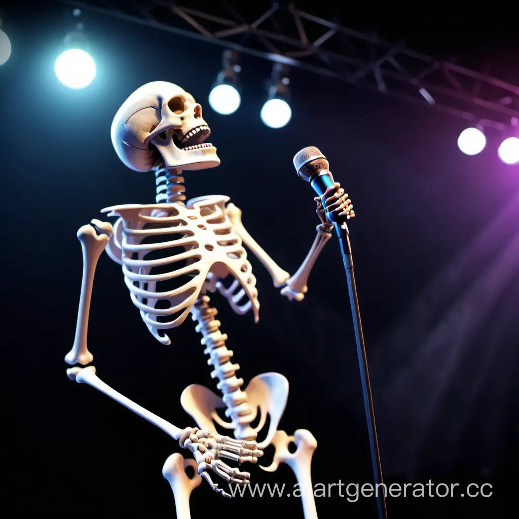 A fun happy Human skeleton singing in a microphone in front of public in a concert