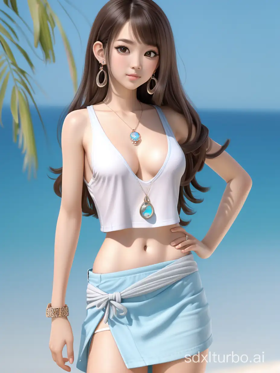Create a 3D-style full-body shot image of a Chinese young woman looking relaxed and pleased, with big eyes and white skin, dark brown wavy long hair, wearing earrings and necklace, loose white deep v-neck short crop top, showing her shoulder and belly, low waisted light blue sexy mini skirt, showing her thighs, wearing beach sandals on her feet. pure light blue background