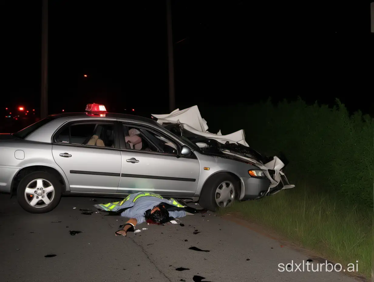 a photo of a crime scene, car crash, flash photography, night time