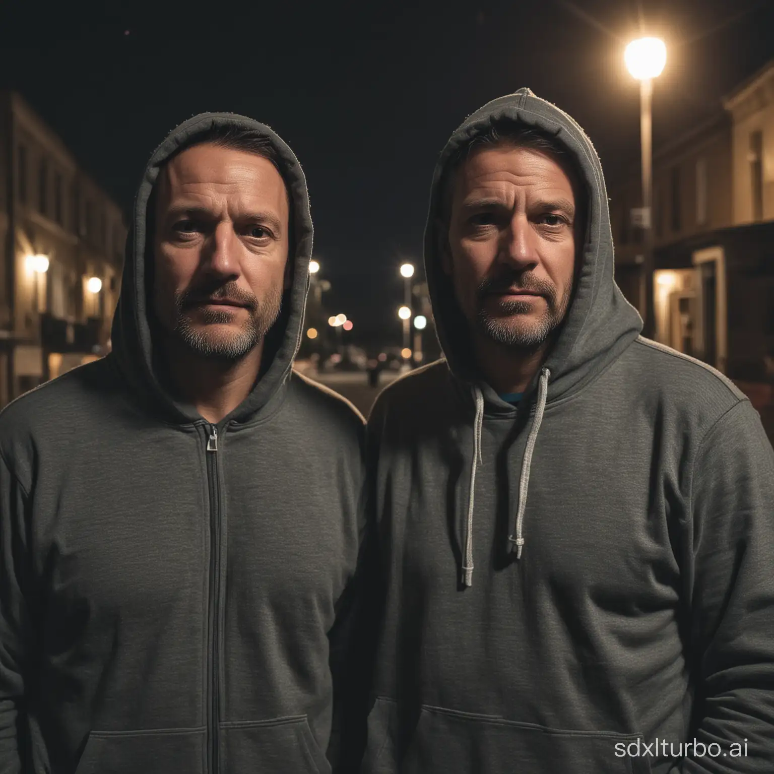 two guys in their forties, standing next to each other, at midnight in a town. They don't look into the camera, trying to hide in their hoodie