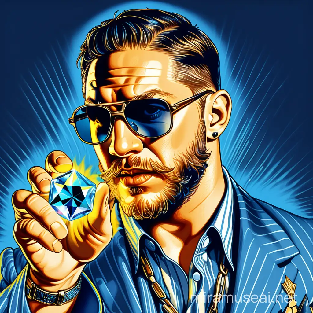 Tom Hardy, holding a gem, a golden prophet, blue light aura, wearing sunglasses, retro style artwork.