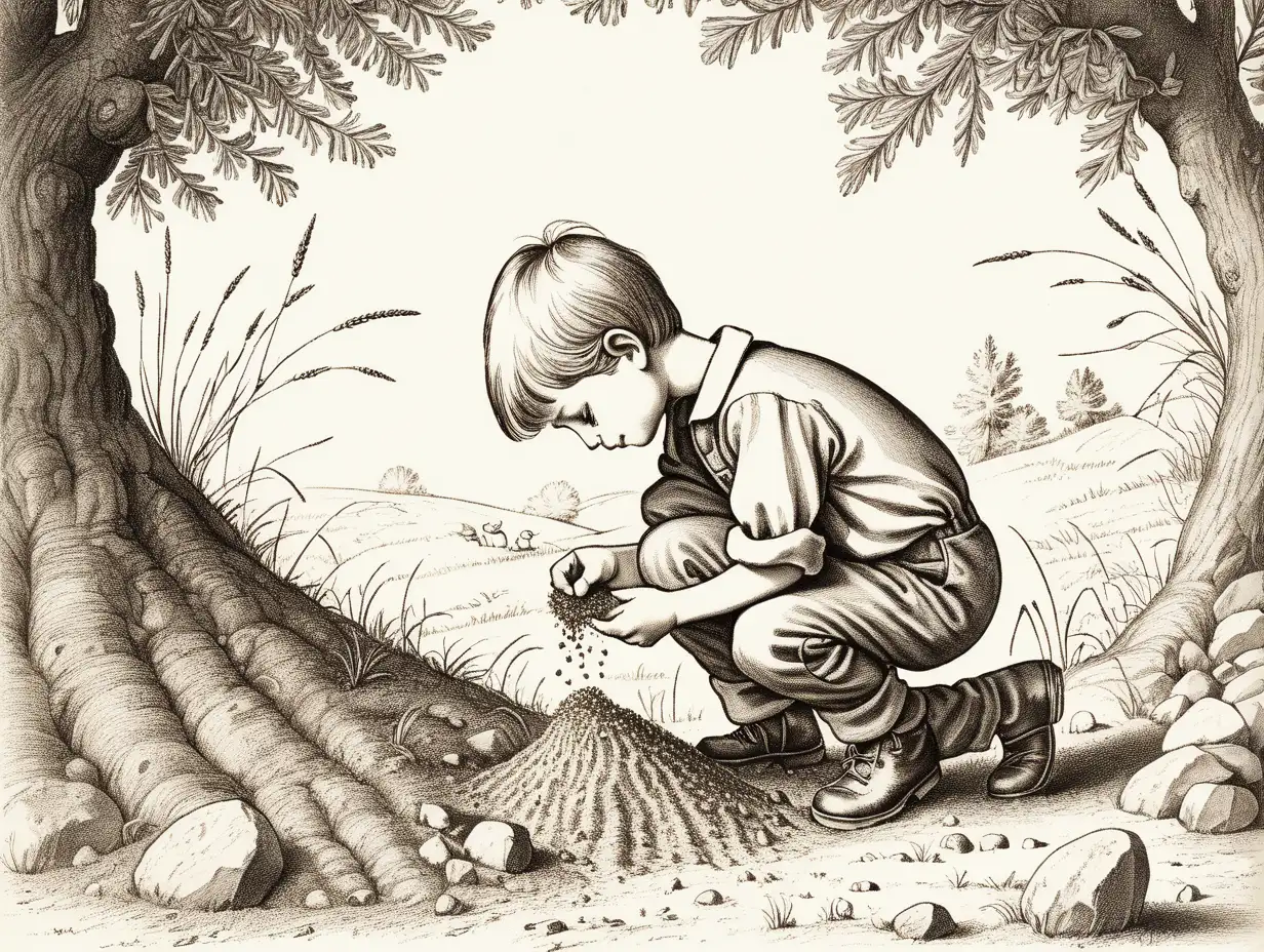 A six-year-old boy is kneeling and carefully observing an anthill. The style of the image is similar to the drawing of a fairy tale that stimulates the imagination