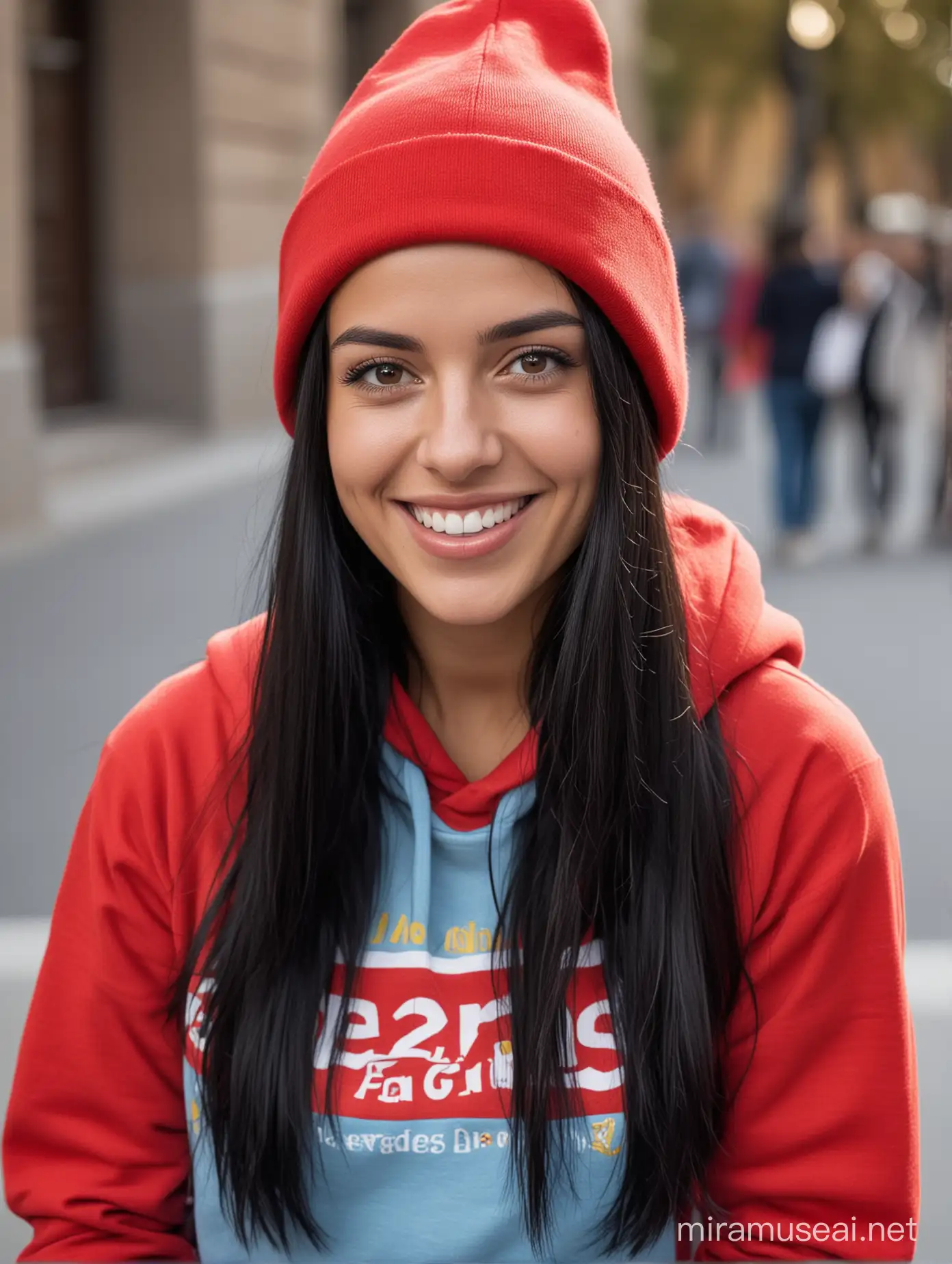 Mujer española de 26 años, sonriente, cabello largo liso negro, con beanie azul,hoodie con capucha rojo,en Madrid.