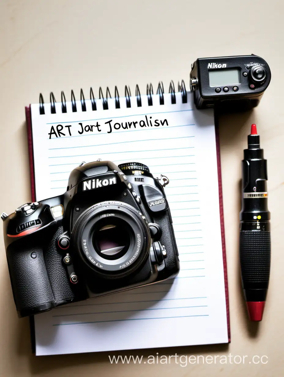 Камера Nikon с диктофоном и блокнотом на котором написано Арт Журналистика
